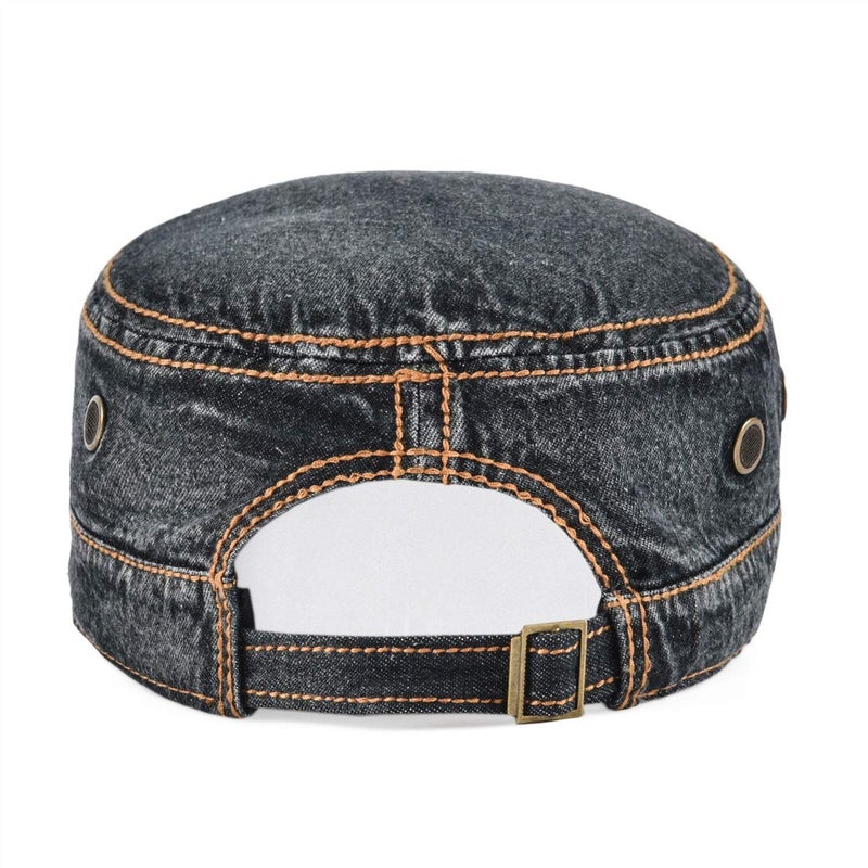 VOBOOM Washed Cotton Military Cadet Army Caps Unique Design Vintage Flat Top Hat (Denim Black) - Image 4
